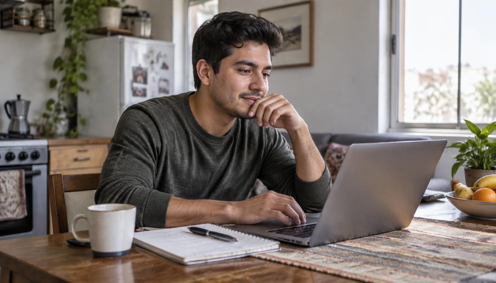 Young Latino man researching how to start a new career from his kitchen table