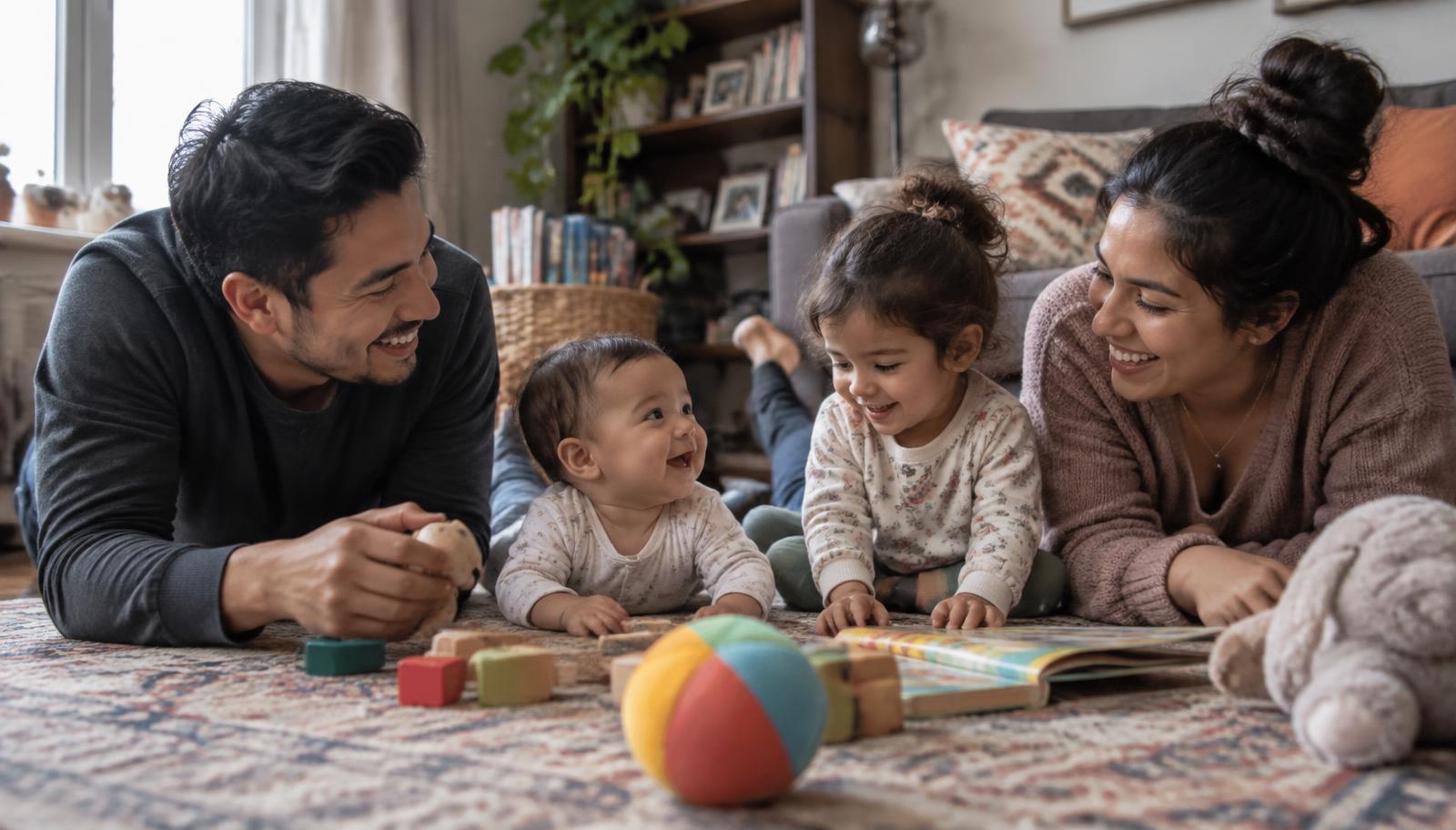 Padres latinos jugando con su bebé y su hija pequeña en la sala de su hogar