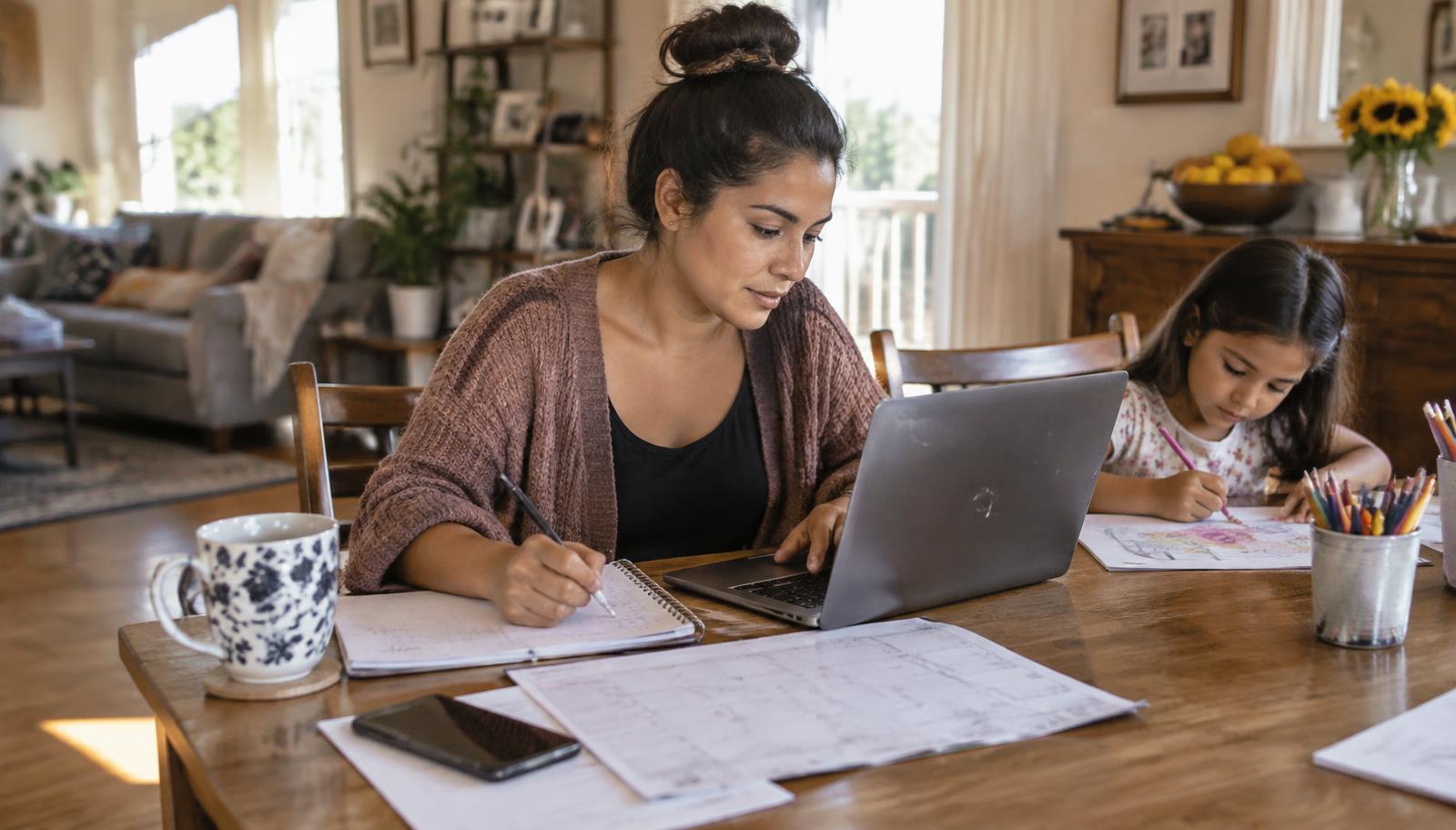 Madre latina organizando su calendario de trabajo mientras su hija dibuja en casa