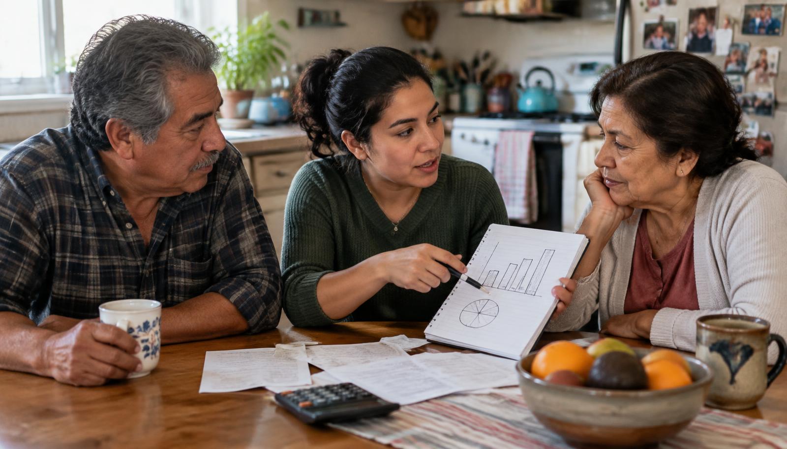 Familia latina conversando sobre sus finanzas cotidianas alrededor de la mesa de la cocina