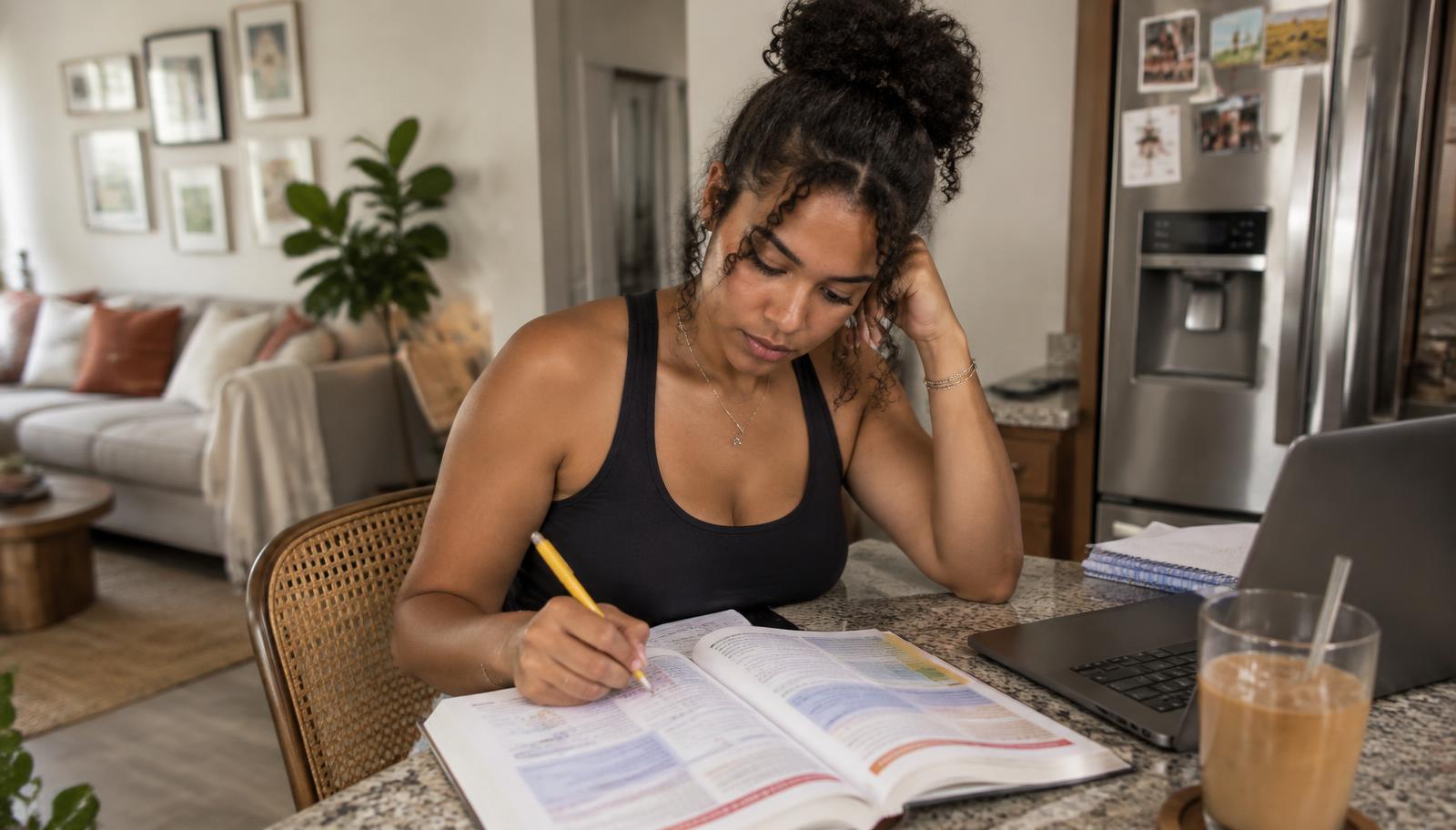 Estudiante afrolatina preparándose para el examen de licencia en la cocina de su hogar