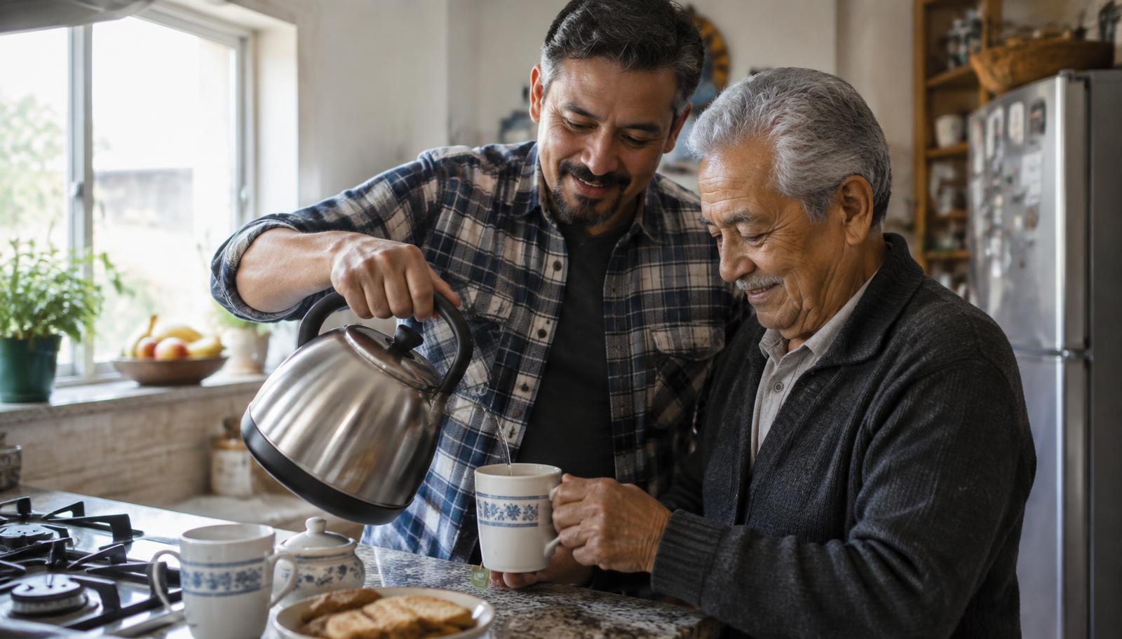 Hijo latino preparando té junto a su padre mayor en la cocina familiar