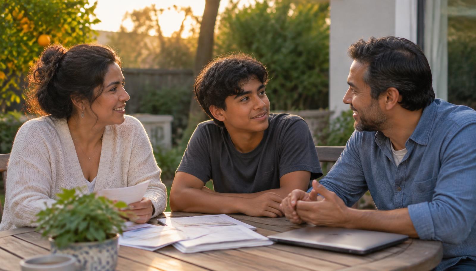 Familia latina conversando con tranquilidad alrededor de una mesa en el jardín