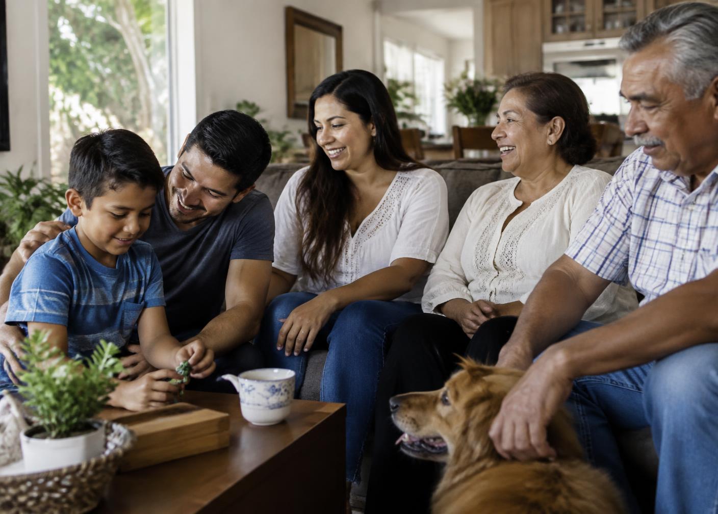 Familia latina multigeneracional compartiendo un momento cotidiano en la sala de su casa