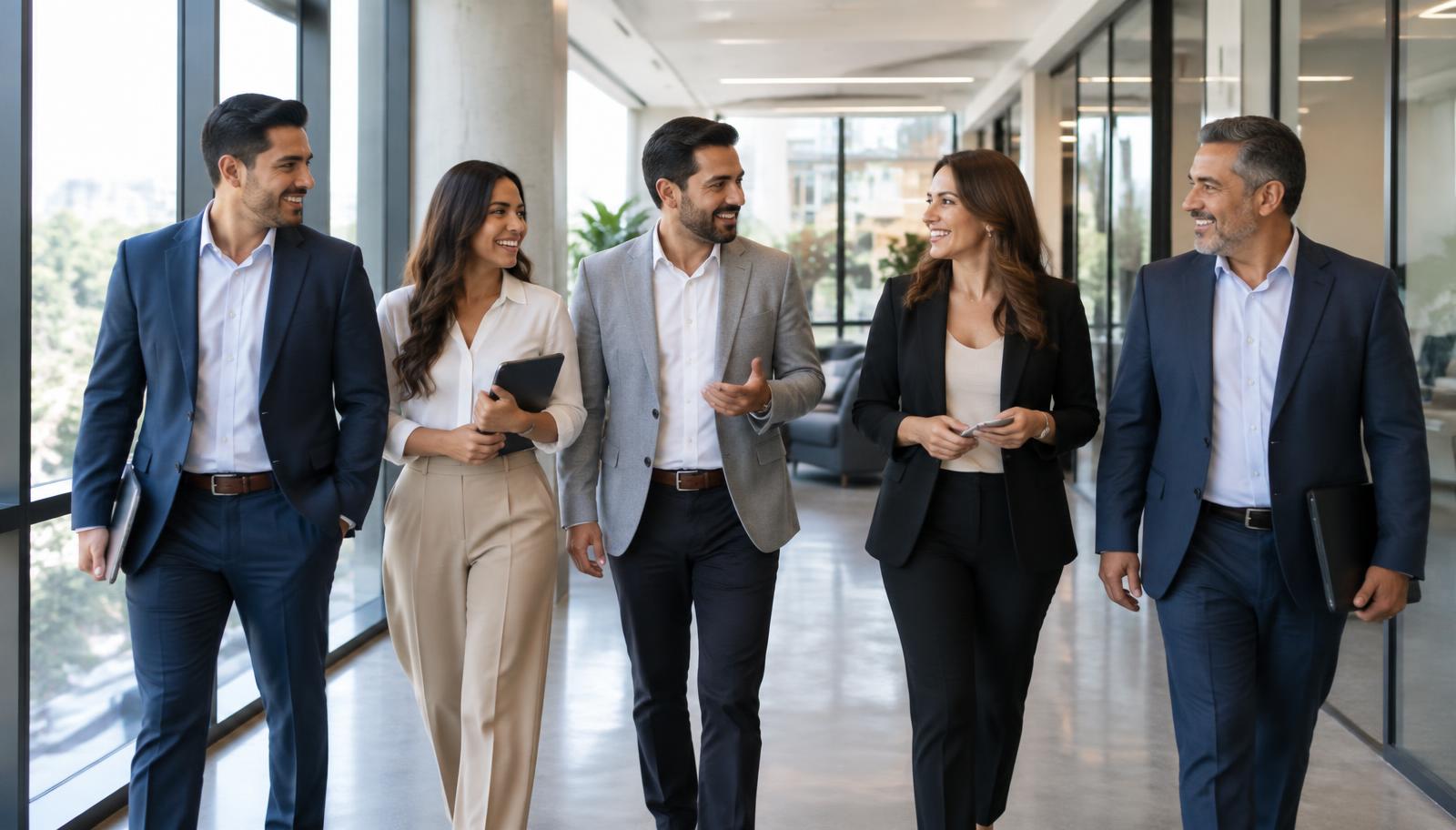 Diverse team of Latino professionals walking through a modern office