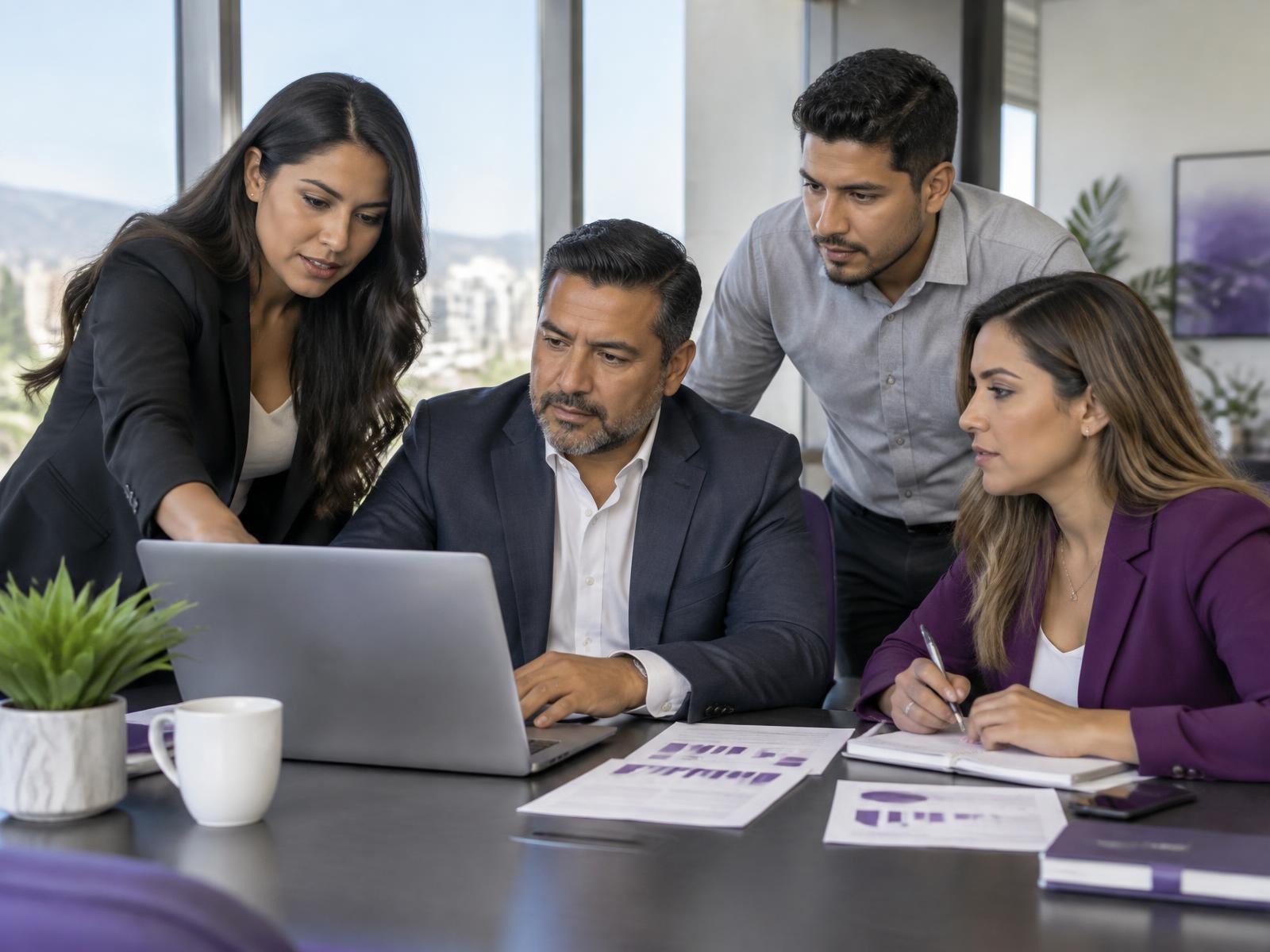 Team of Latino professionals reviewing a growth plan in a bright office
