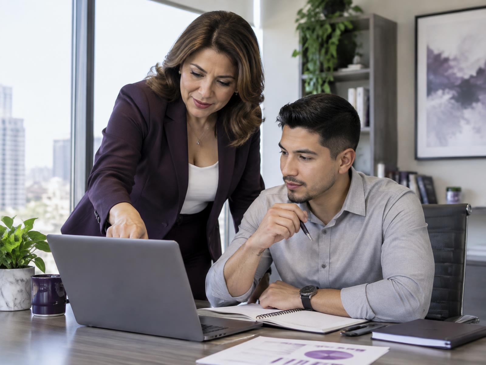 Latina mentor guiding a Latino professional during a training session in a bright office