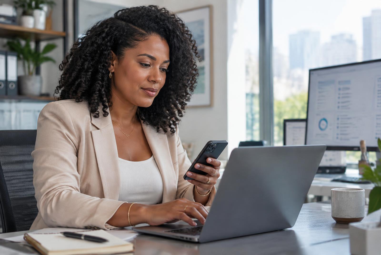 Afro-Latina professional completing a digital hiring process in a modern office