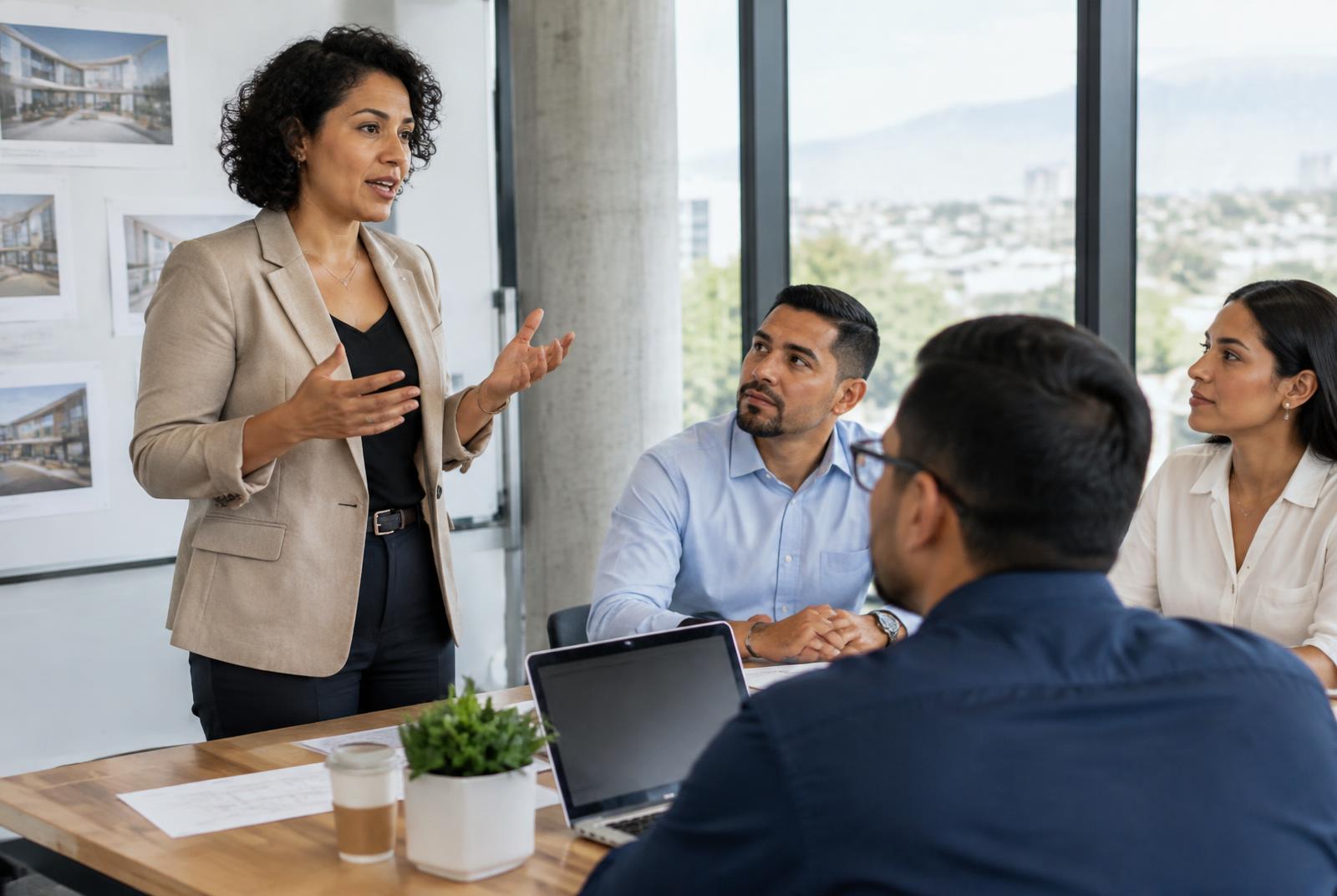 Confident Latina professional presenting to a team in a bright office