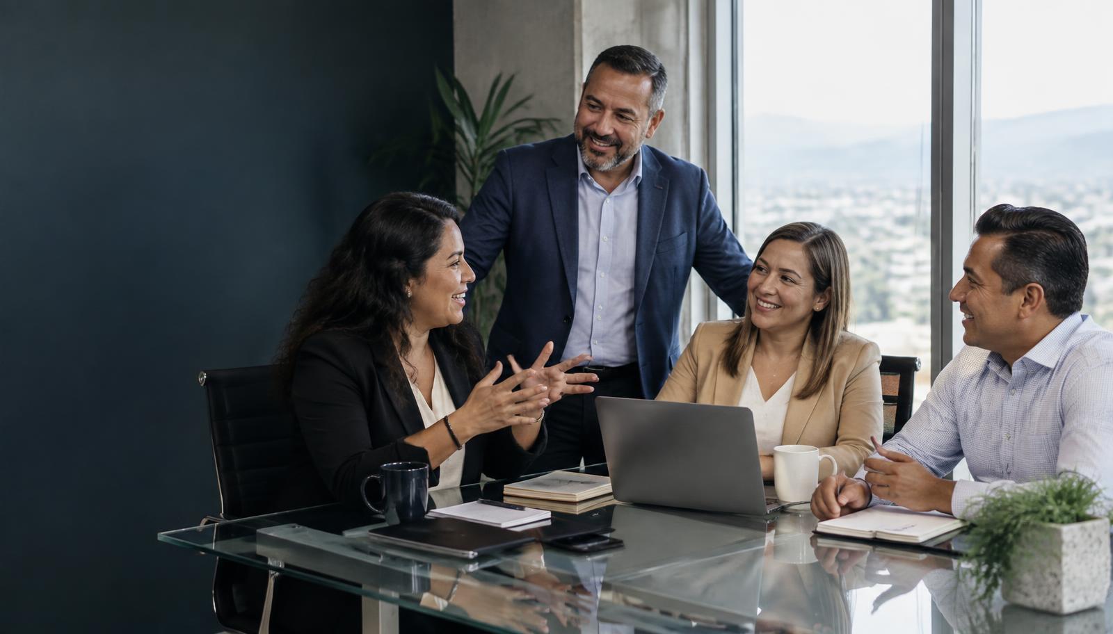 Team of Latino professionals talking in a modern, bright office