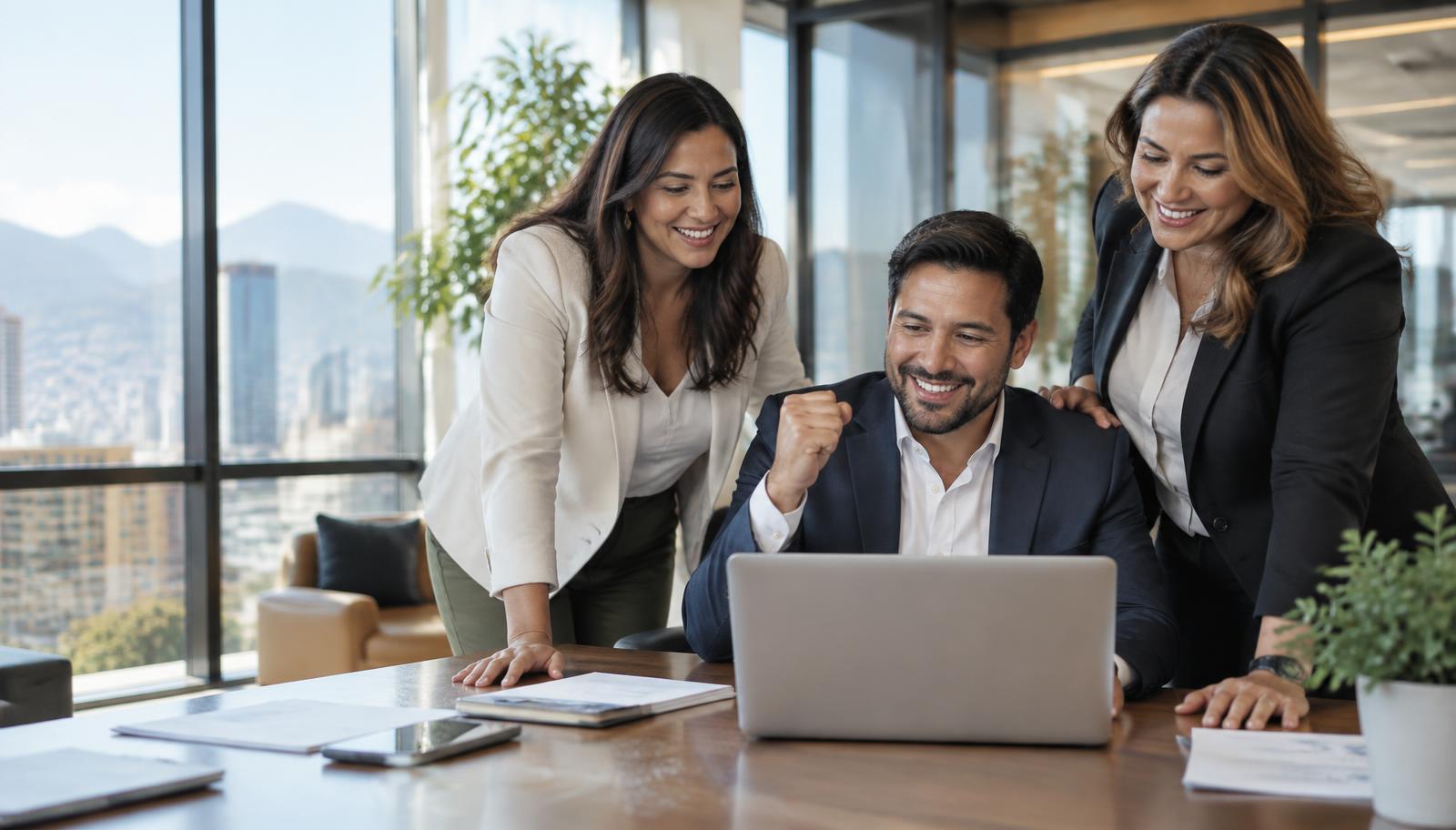 Profesionales latinos celebrando el resultado de una presentación en una oficina