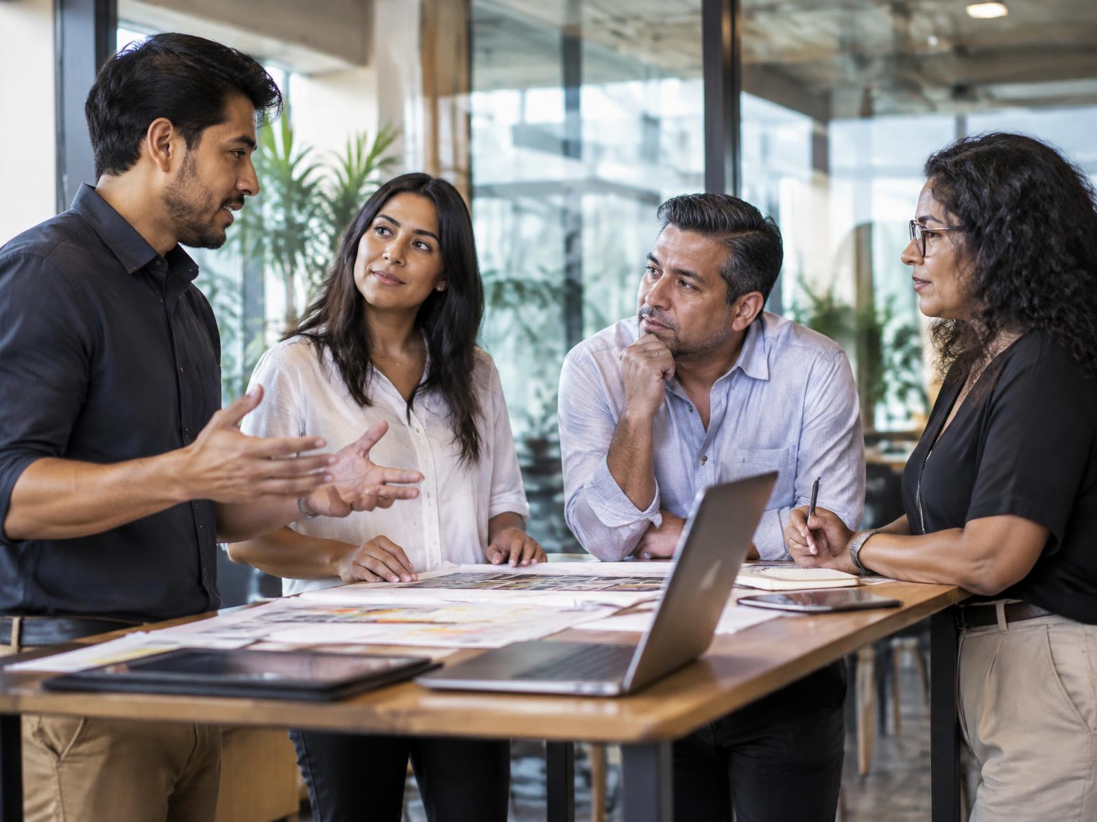 Equipo de profesionales latinos colaborando alrededor de una mesa de trabajo
