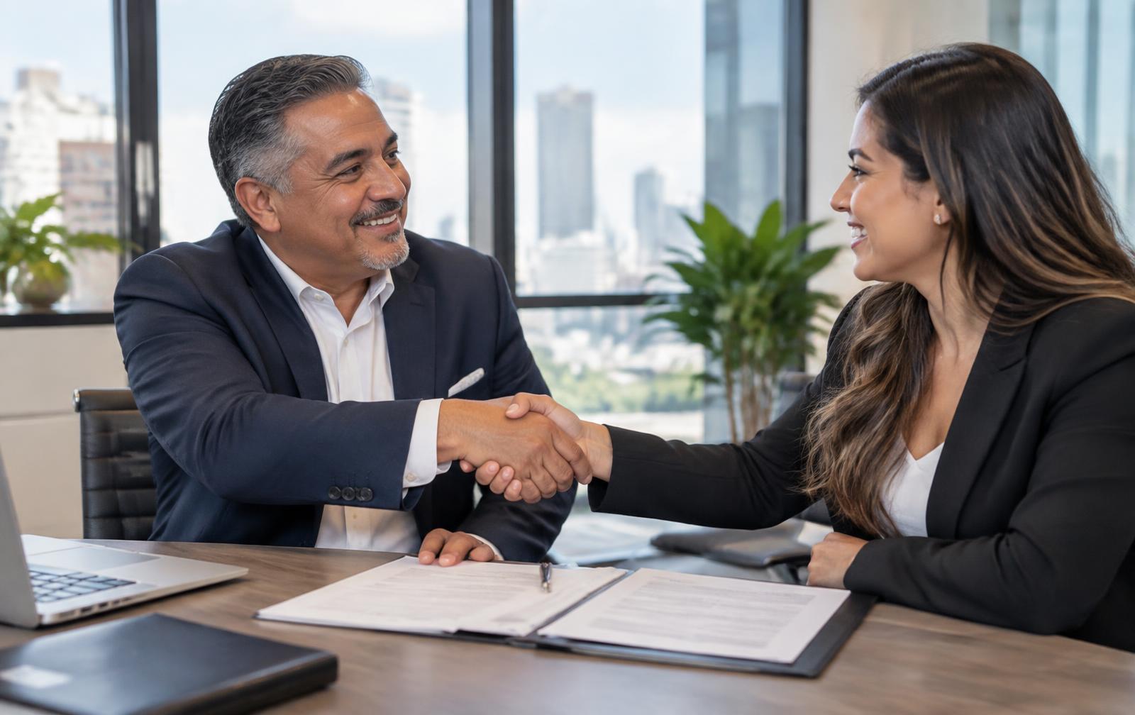 Latino professionals closing a deal with a handshake in an office